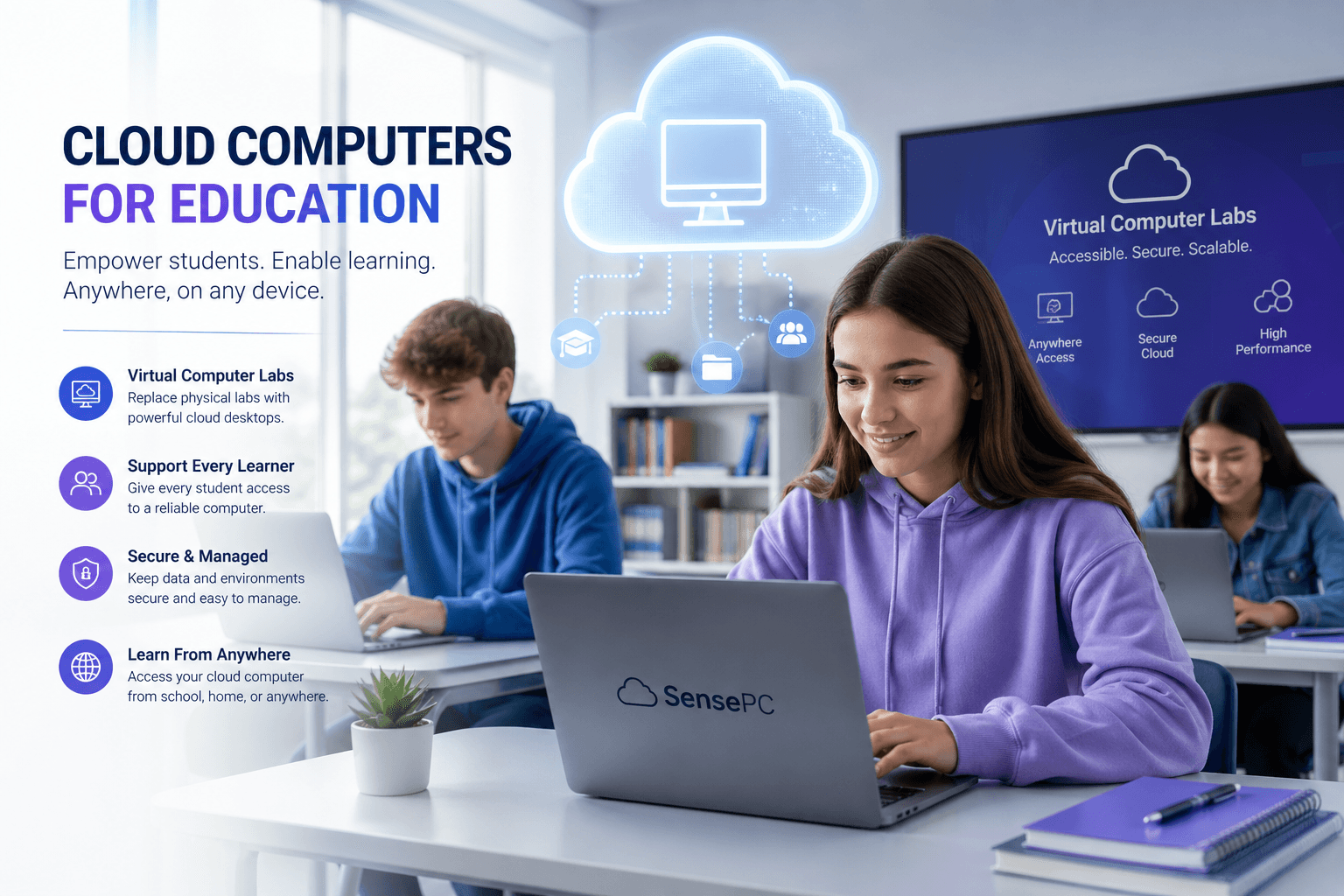 Students using SensePC cloud computers for education and virtual computer labs